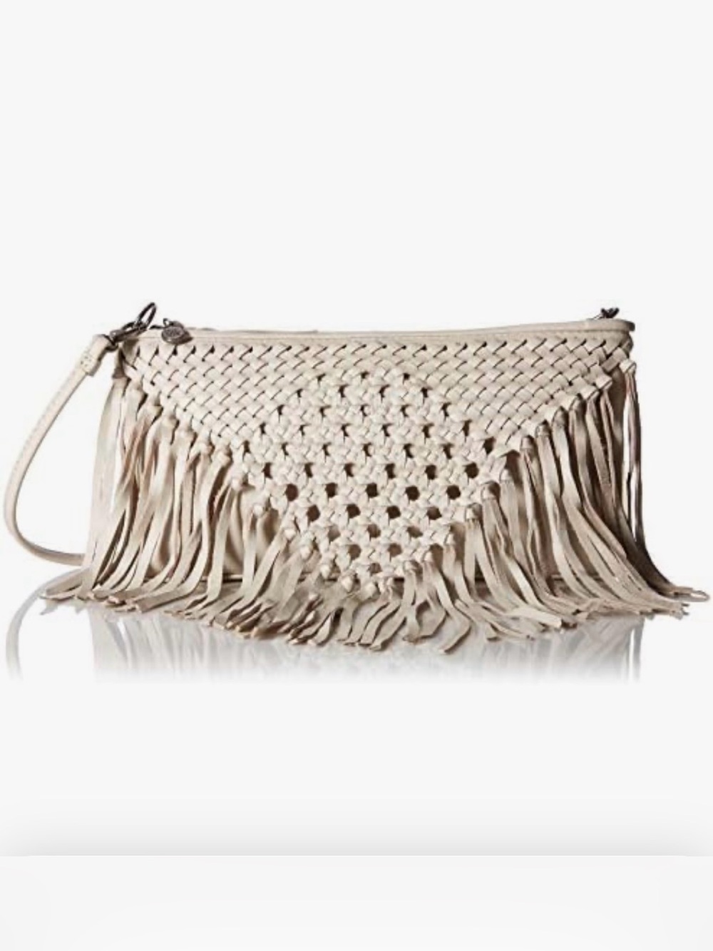The Sak Beige Woven Fringe Leather Wristlet Clutch